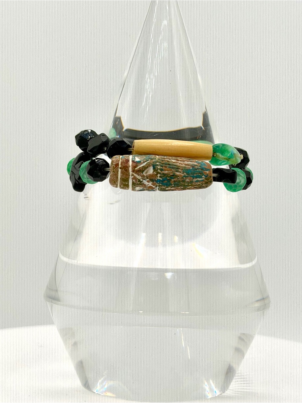 Black & Green Tribal Beaded Stretch Bracelet Unisex Mens or Women’s Jewelry